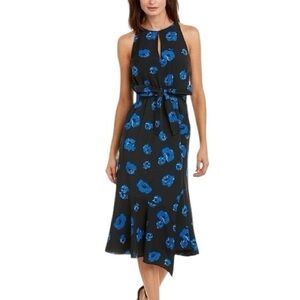 Derek Lam Black & Blue Floral Print Tie Waist Belted Wrap Front Midi Dress - 8